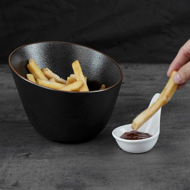 Bol incliné en céramique, assiette à collation en porcelaine noire, plats à frites, bols