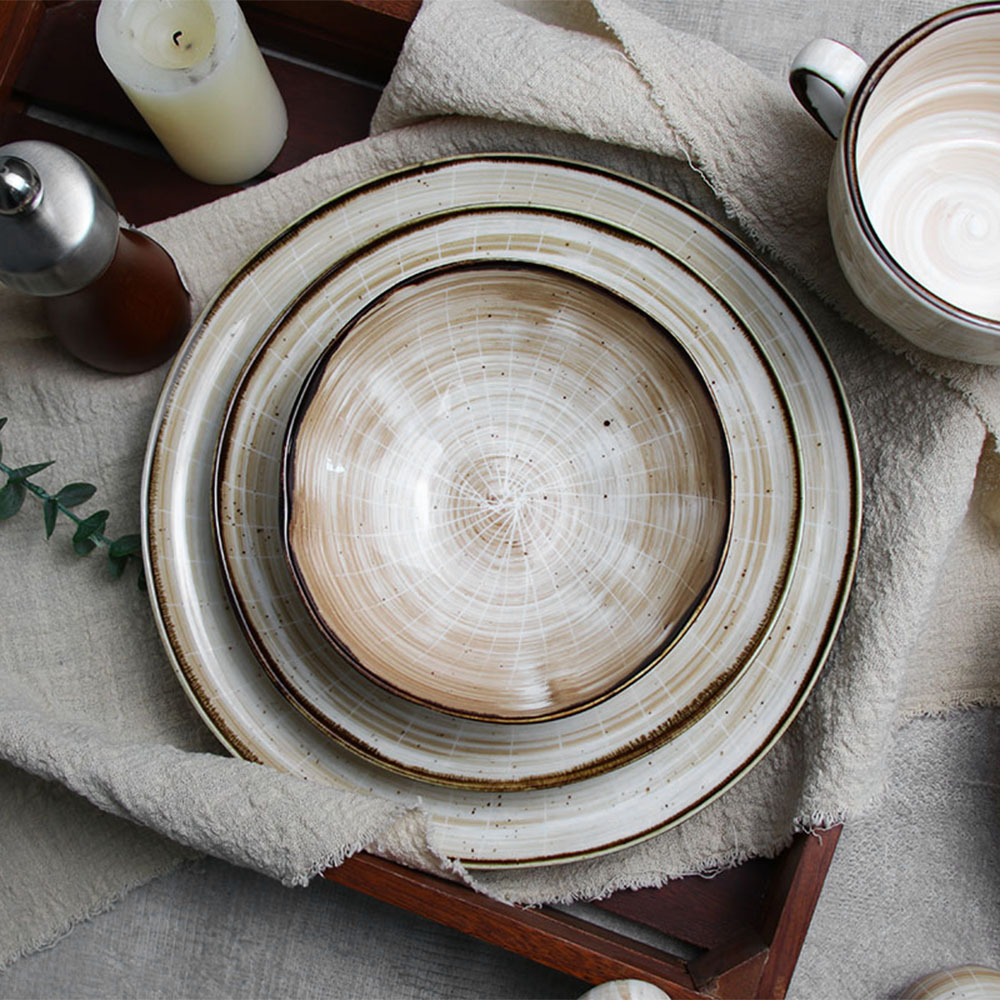 Ensemble d'assiettes et de bols de restaurant, en porcelaine, ensemble de vaisselle, couleurs beiges personnalisées