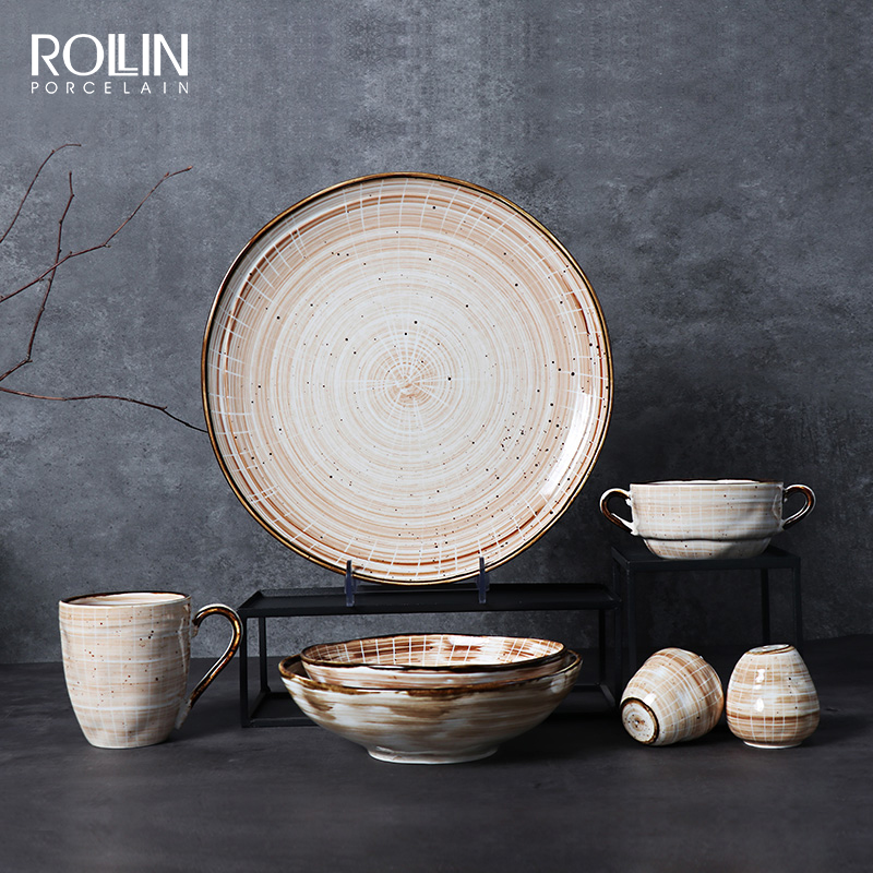 Foodies Crème Beige Ensembles de vaisselle rustique Plats et assiettes nordiques Plat de restaurant Ensemble de dîner rétro Platos Geschirr Ensemble d'assiettes en porcelaine