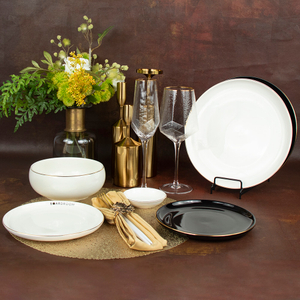Ensemble d'assiettes en porcelaine blanche et noire, bord doré, vaisselle pour vente en gros