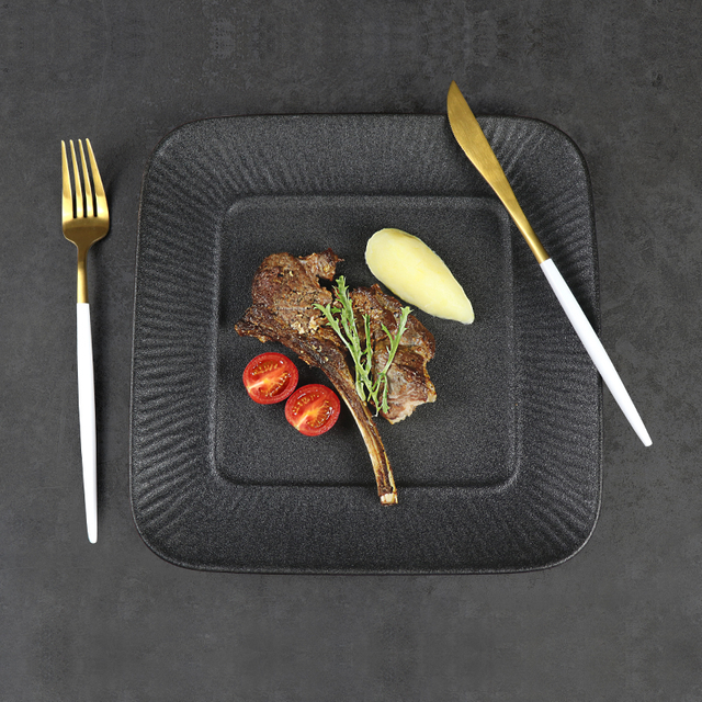 Assiette carrée noire en porcelaine, vaisselle de restaurant