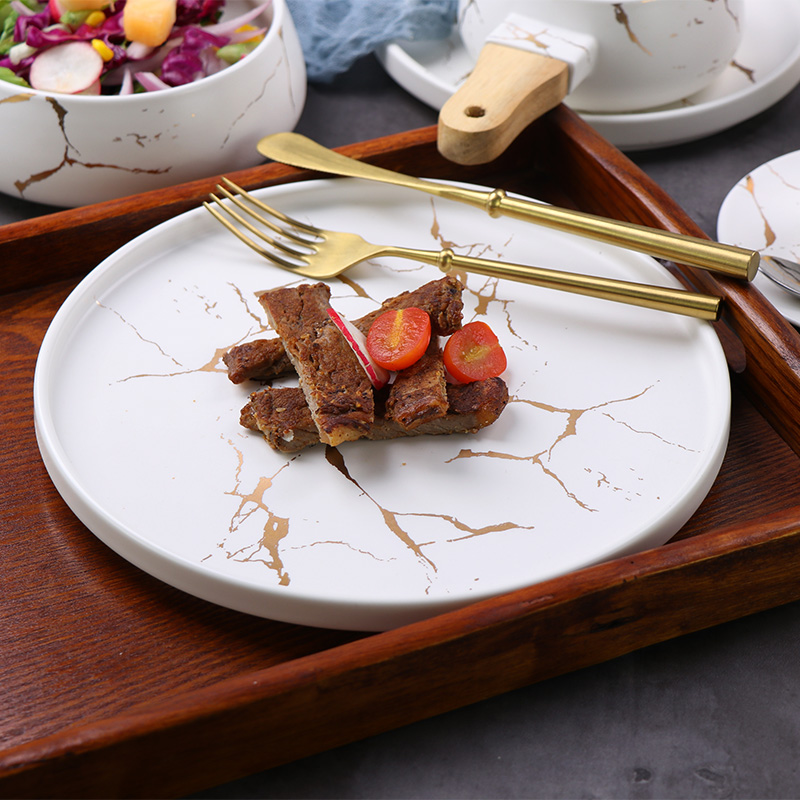 Assiette à dîner ronde marbrée dorée moderne, assiette à pâtes en céramique, vaisselle de Restaurant d'hôtel, plats occidentaux, ustensiles de cuisine