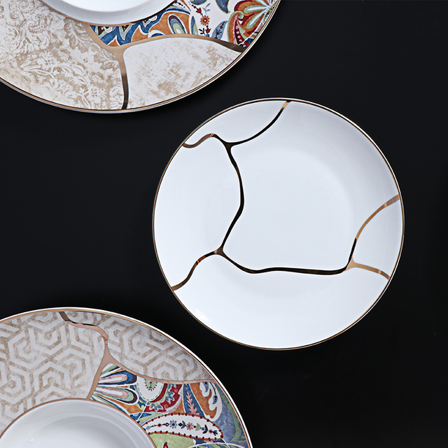 FURUI 8 Assiette à Bordure Dorée Assiette à Dîner en Porcelaine Assiette Latérale