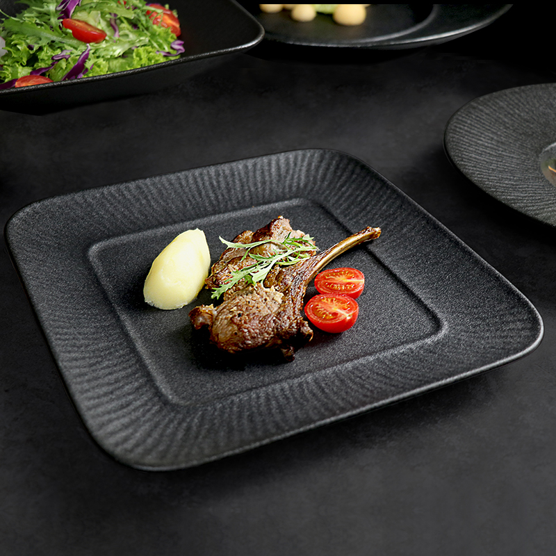 Assiette carrée noire en porcelaine, vaisselle de restaurant
