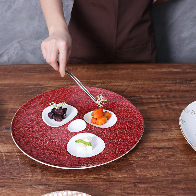Assiette à Dessert de 12 pouces, assiette de luxe en porcelaine tendre rouge et blanche, assiette Appertizer