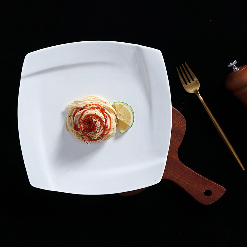 Assiette à dîner carrée en céramique, vaisselle blanche de Restaurant, assiette pliante en porcelaine blanche