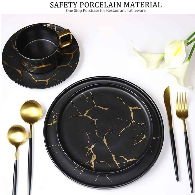 Assiette de vaisselle en vrac bon marché en marbre noir doré de forme ronde de vaisselle de chine, assiettes à dîner pour Restaurant, assiette à dîner de 10 pouces