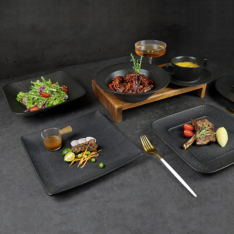 Assiette carrée noire en porcelaine, vaisselle de restaurant