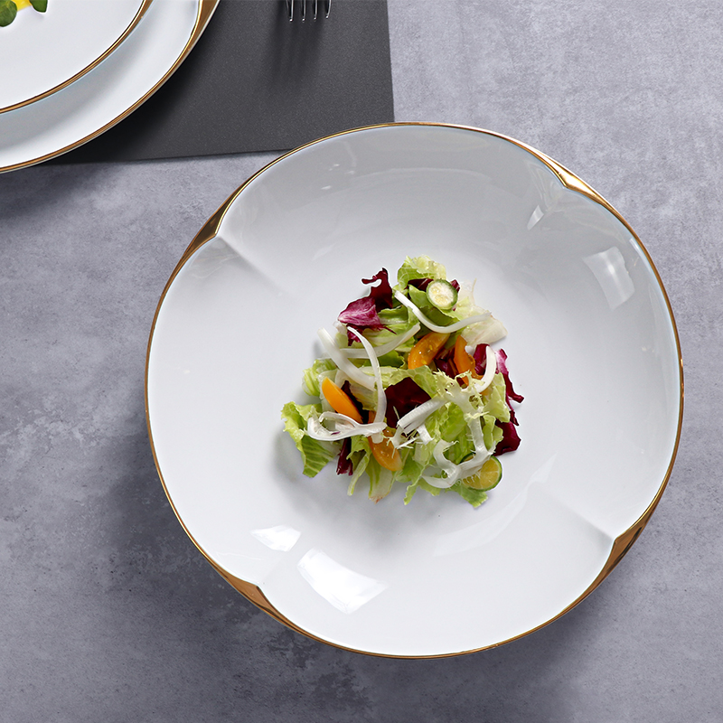 Assiette ronde irrégulière, assiettes à bord doré, ustensiles de cuisine en céramique