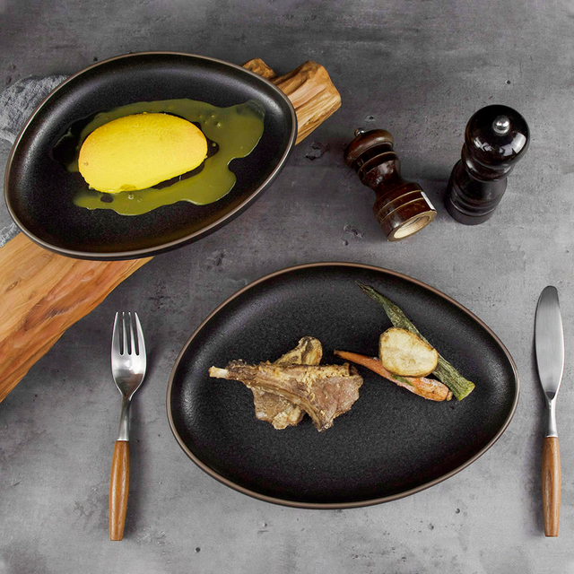 Assiette en céramique irrégulière, vaisselle, assiettes à dîner, assiettes noires en céramique
