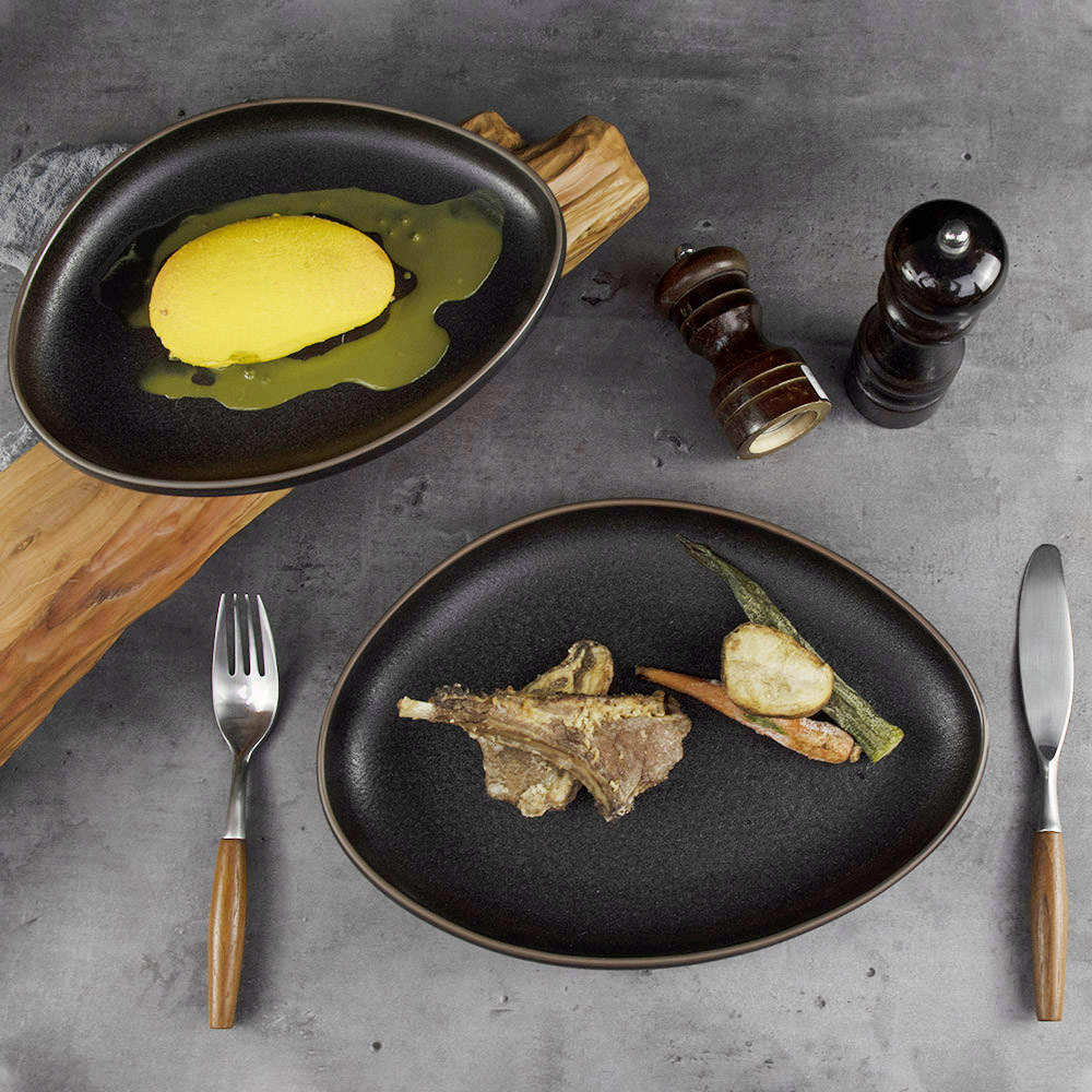 Assiette en céramique irrégulière, vaisselle, assiettes à dîner, assiettes noires en céramique