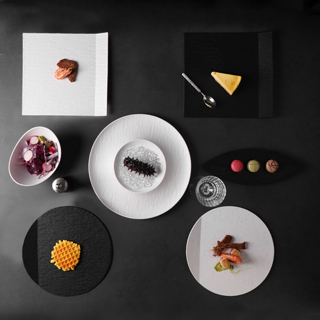 Ensemble de vaisselle en porcelaine blanche noire, assiettes de restaurant, vaisselle