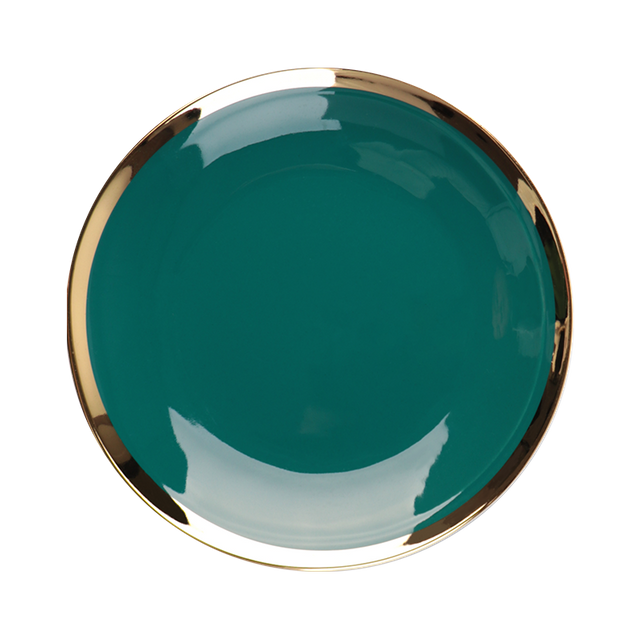 Assiette ronde en céramique de couleur verte irrégulière avec bord doré