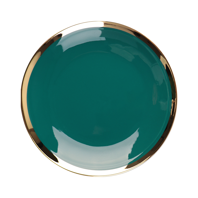 Assiette ronde en céramique de couleur verte irrégulière avec bord doré
