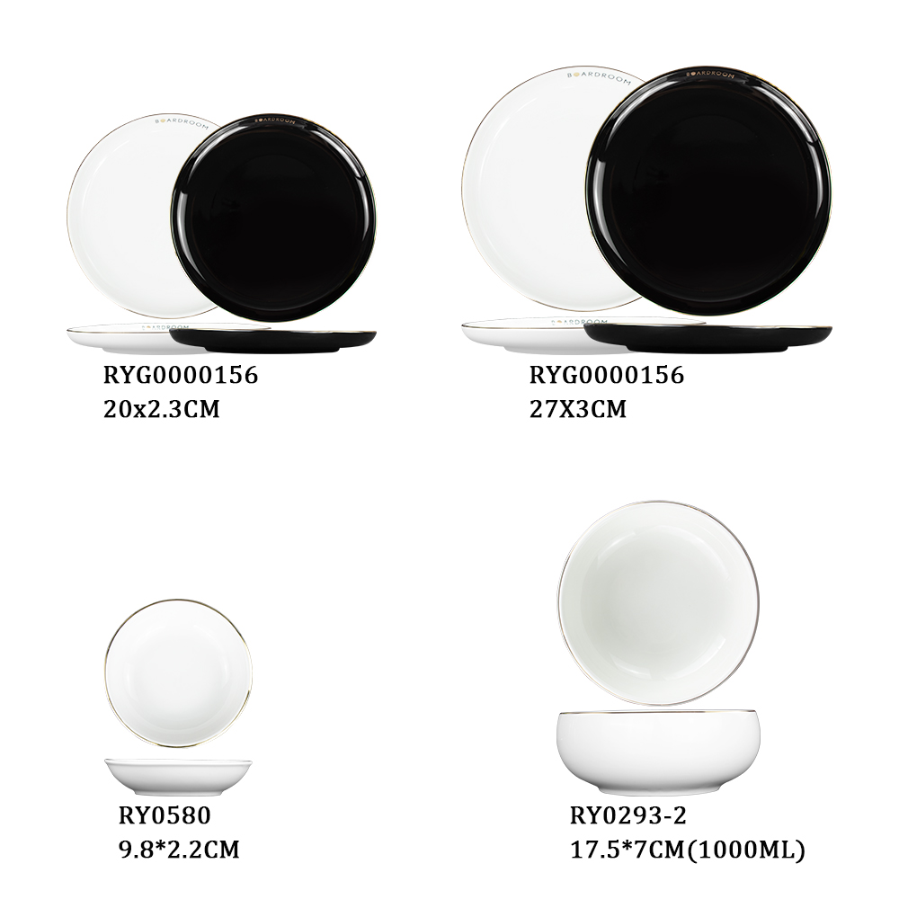 Ensemble d'assiettes en porcelaine blanche et noire, bord doré, vaisselle pour vente en gros