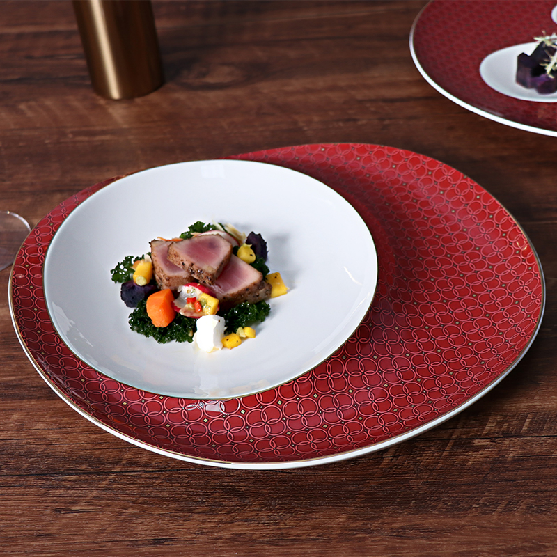 Assiette à Dessert de 12 pouces, assiette de luxe en porcelaine tendre rouge et blanche, assiette Appertizer