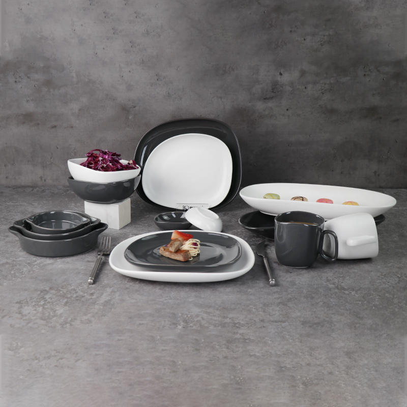Vaisselle en porcelaine Eestaurant Terr tourbillon marques gris mat blanc assiette carrée irrégulière 