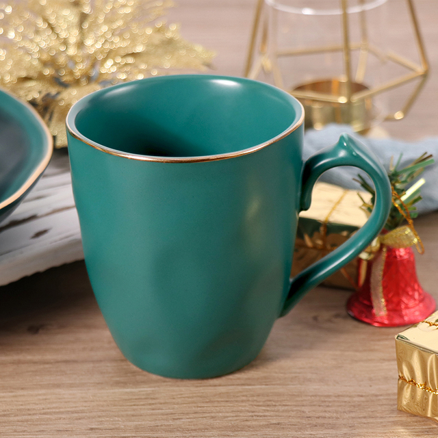Tasses à bords dorés en porcelaine, tasses en céramique vertes de noël