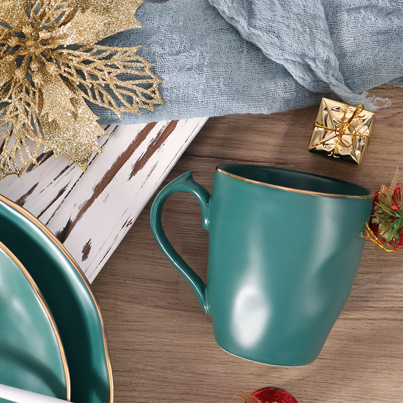 Tasses à bords dorés en porcelaine, tasses en céramique vertes de noël