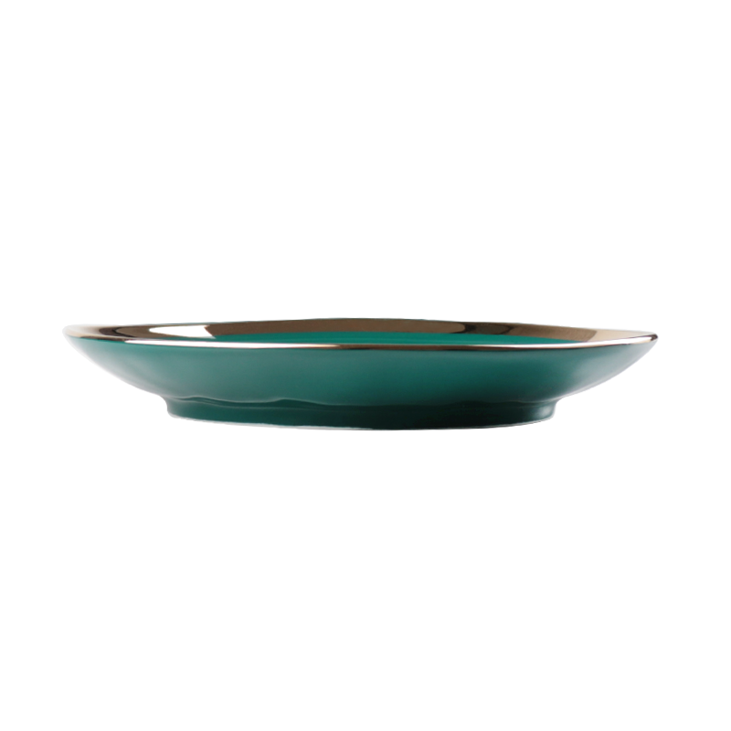 Assiette ronde en céramique de couleur verte irrégulière avec bord doré