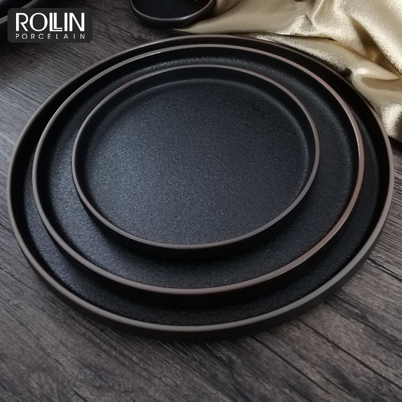 Fournitures de Restaurant, assiette noire, assiettes rondes en cercle mat, assiette à Steak en ardoise