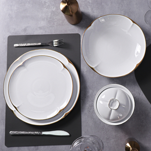 Ensemble d'assiettes en céramique blanche, vaisselle en porcelaine durable avec bordure dorée