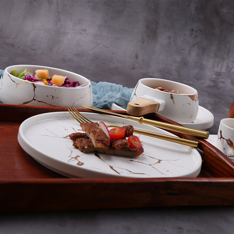 Assiette à dîner ronde marbrée dorée moderne, assiette à pâtes en céramique, vaisselle de Restaurant d'hôtel, plats occidentaux, ustensiles de cuisine