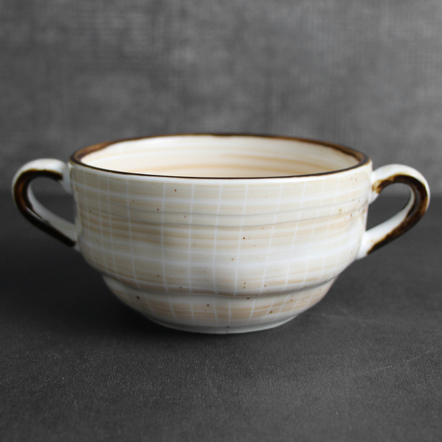 Bol à soupe à l'oignon français Bol à soupe en céramique avec deux poignées - Couleur beige 