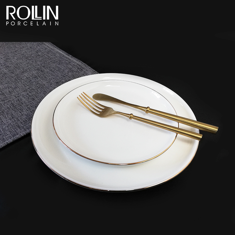 Assiette à dîner en céramique avec peinture dorée, vaisselle d'hôtel, vaisselle en porcelaine, décalcomanie dorée