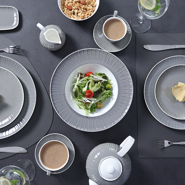 Vaisselle en céramique grise pour Restaurant, ensemble de vaisselle moderne de luxe, ensemble de vaisselle de luxe en porcelaine